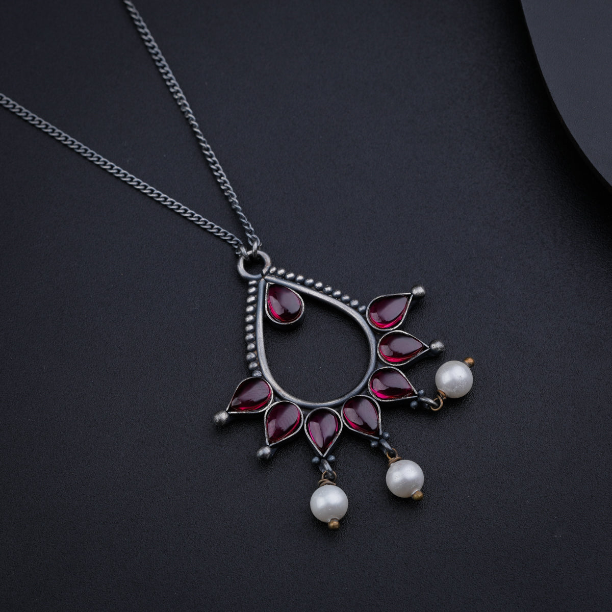 Oxidized Silver Necklace with Ruby and Pearl