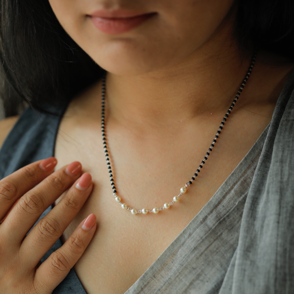 Handmade Delicate Silver Pearls Mangalsutra