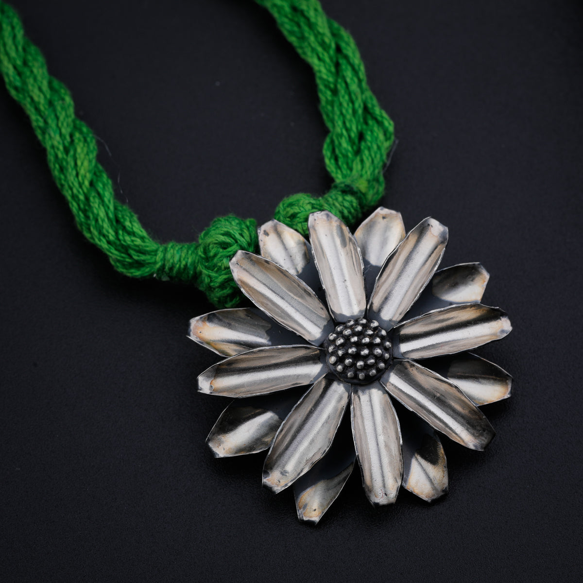 Silver Soorajmukhi Pendant Necklace with Green Thread