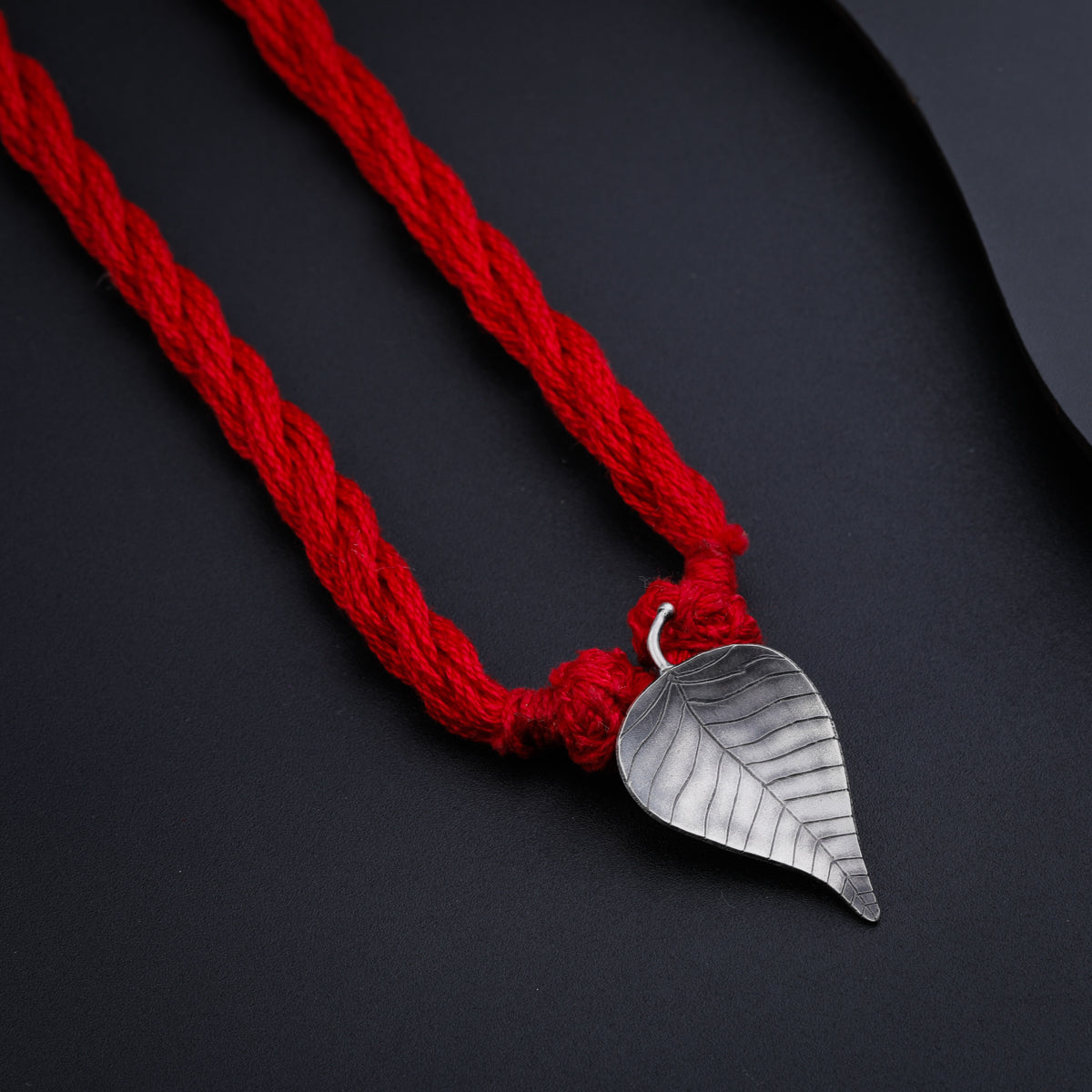 Silver Peepal Pendant Necklace with Red Thread