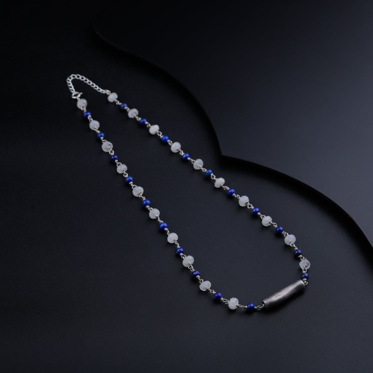 Silver Pipe Ganthan Necklace with Moonstone and Lapis Lazuli