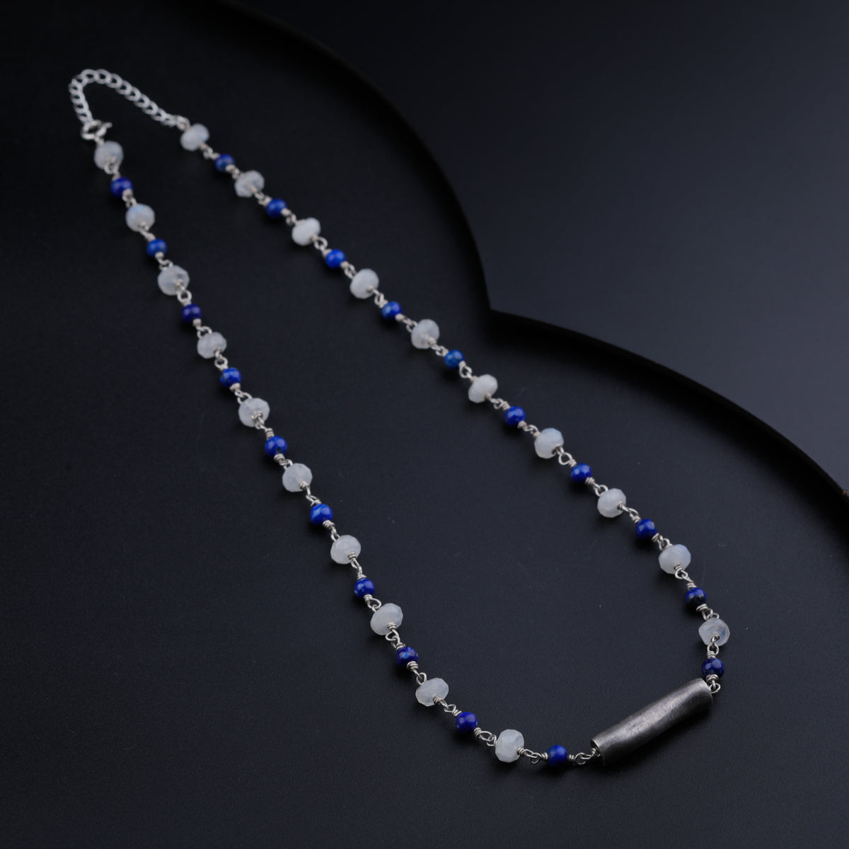 Silver Pipe Ganthan Necklace with Moonstone and Lapis Lazuli