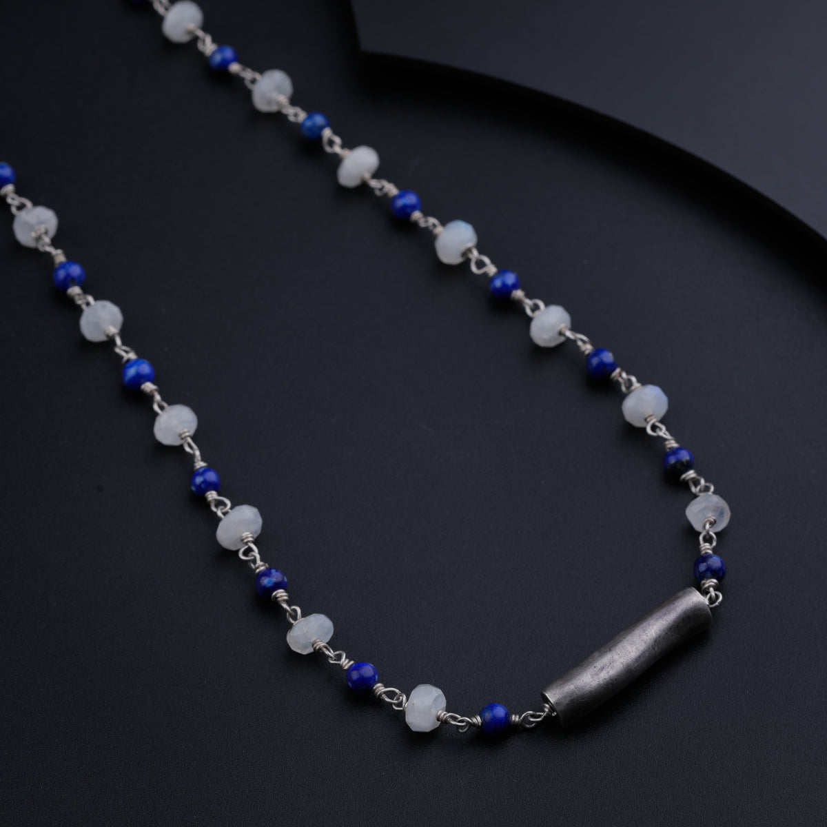 Silver Pipe Ganthan Necklace with Moonstone and Lapis Lazuli