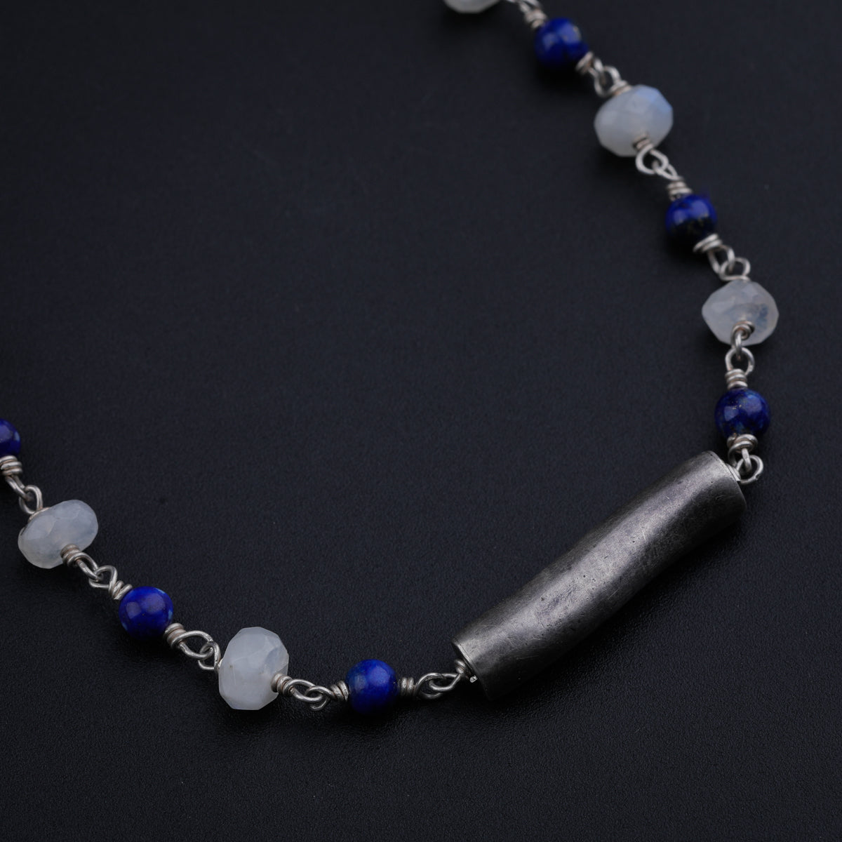 Silver Pipe Ganthan Necklace with Moonstone and Lapis Lazuli