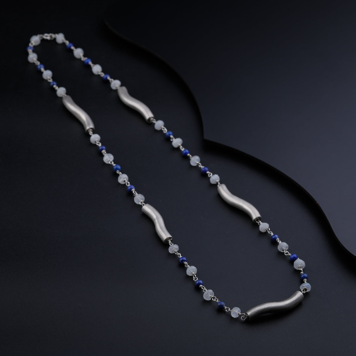 Silver Pipe Ganthan Necklace with Moonstone and Lapis Lazuli