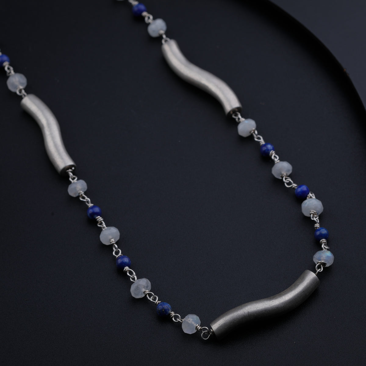 Silver Pipe Ganthan Necklace with Moonstone and Lapis Lazuli