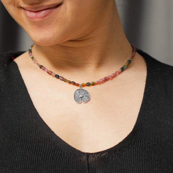 Multicolor Tourmaline Beaded Necklace with Leaf Pendant