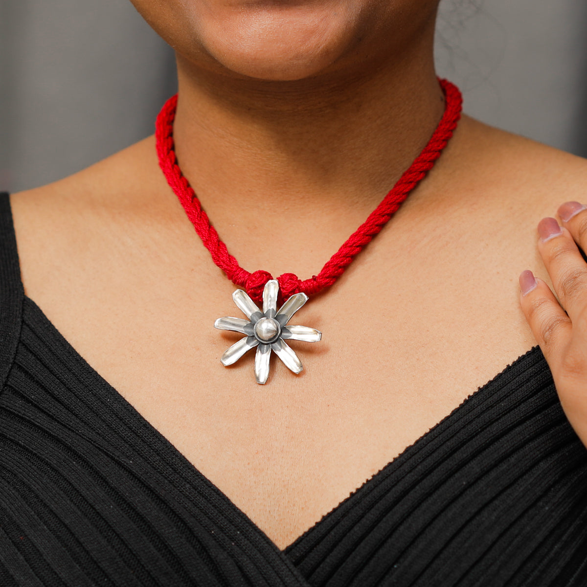 Silver Gulbahaar Pendant Necklace with Red Thread