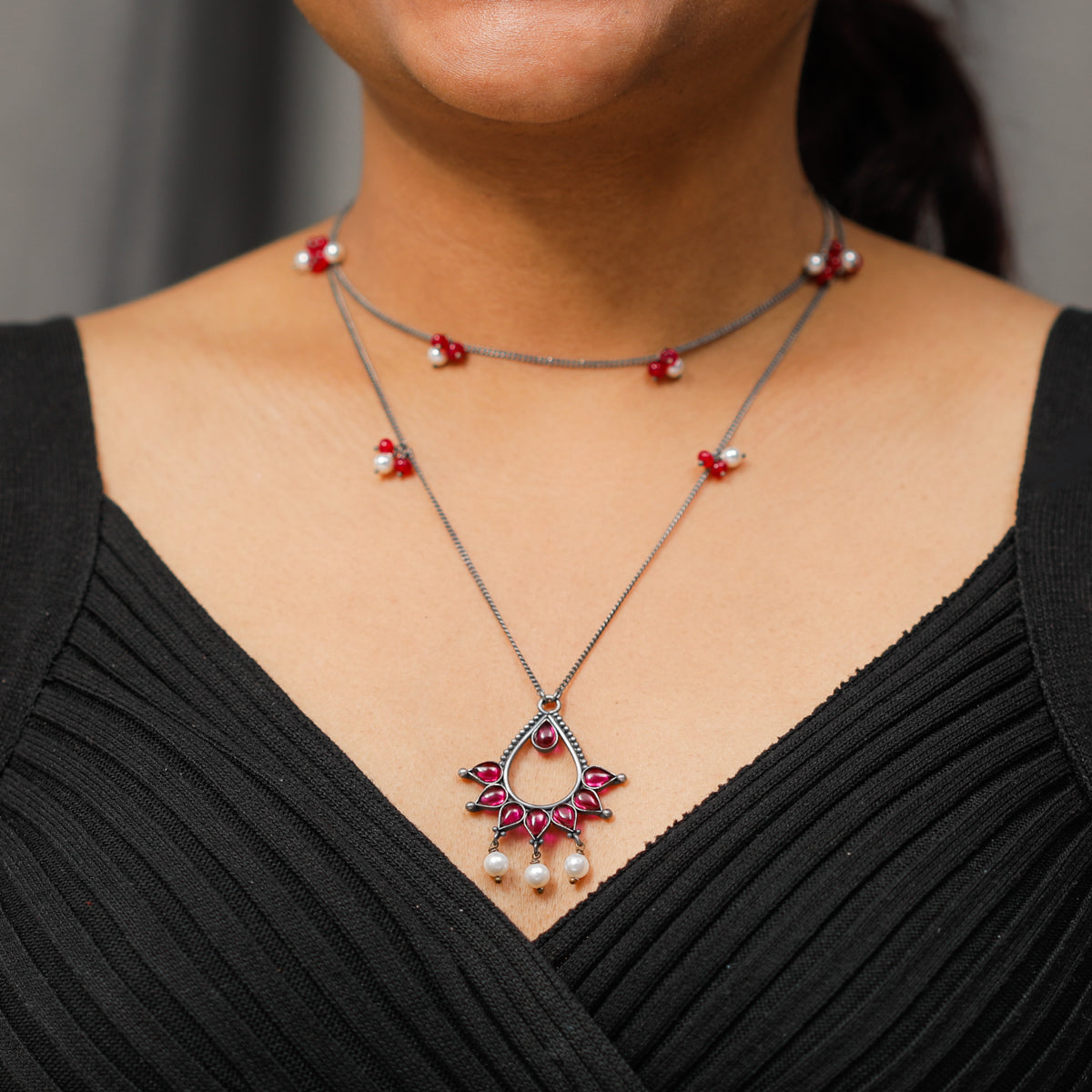 Oxidized Silver Necklace with Ruby and Pearl