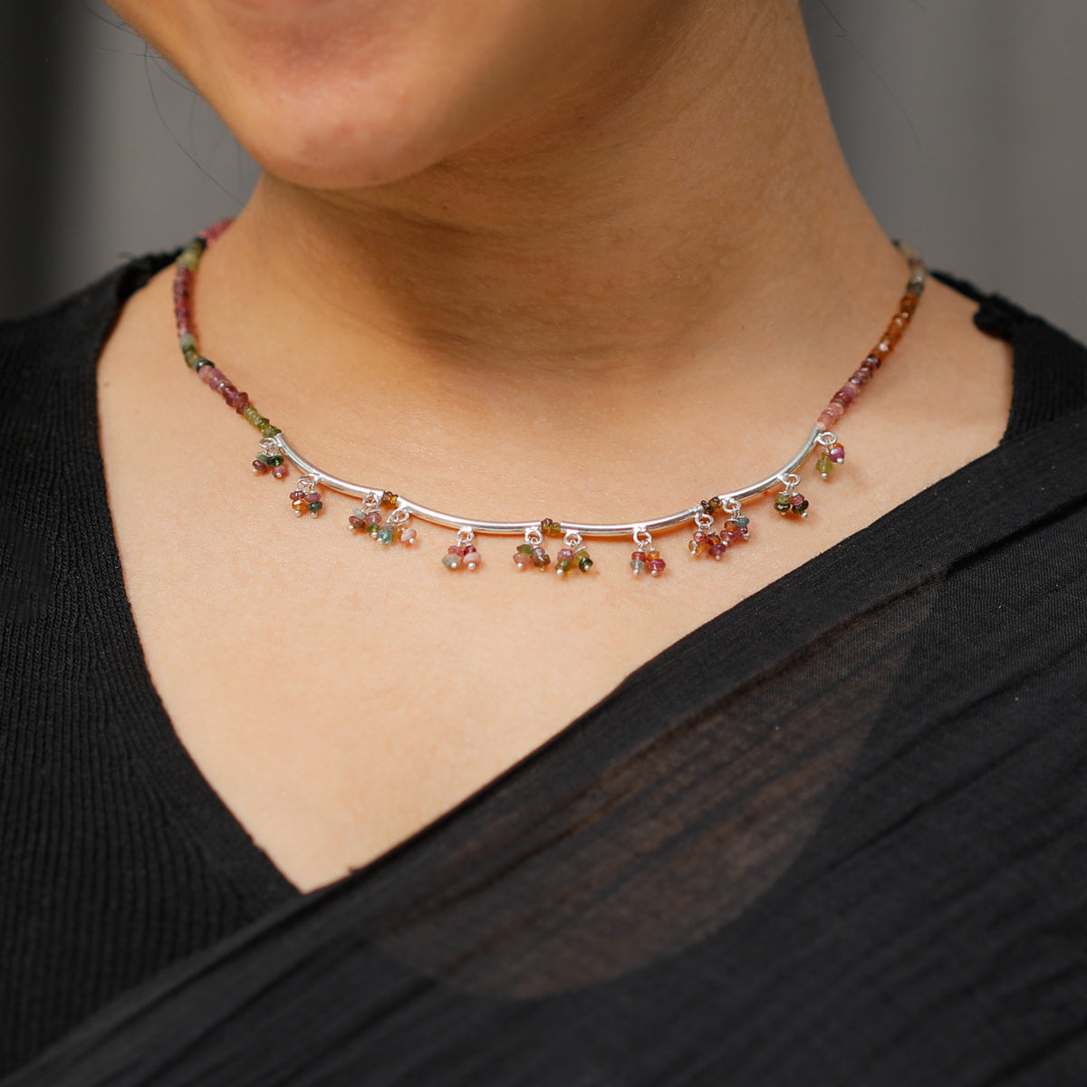 Silver Pipe Latkan Necklace with Tourmaline