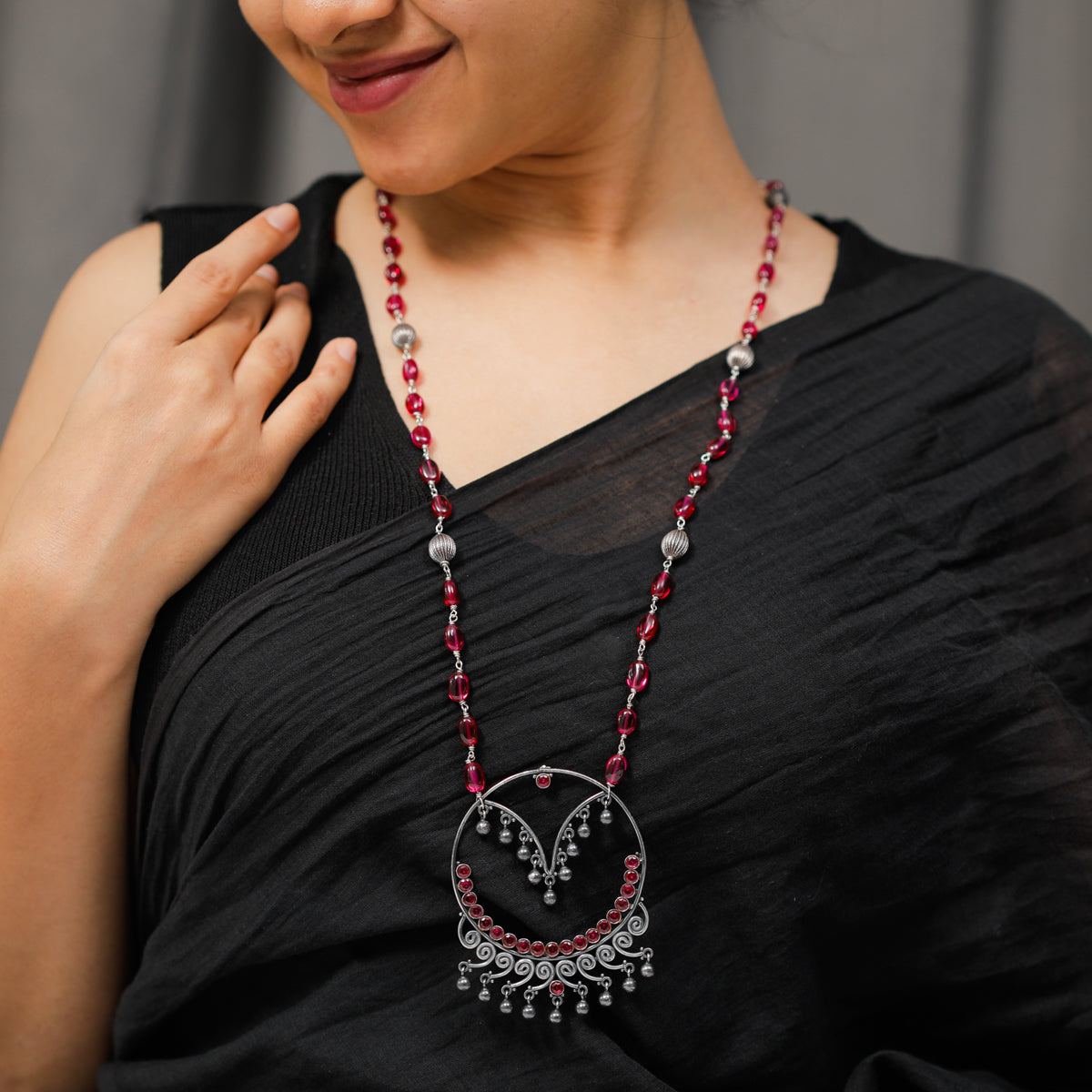 Oxidized Filigree Pendant Necklace with Ruby