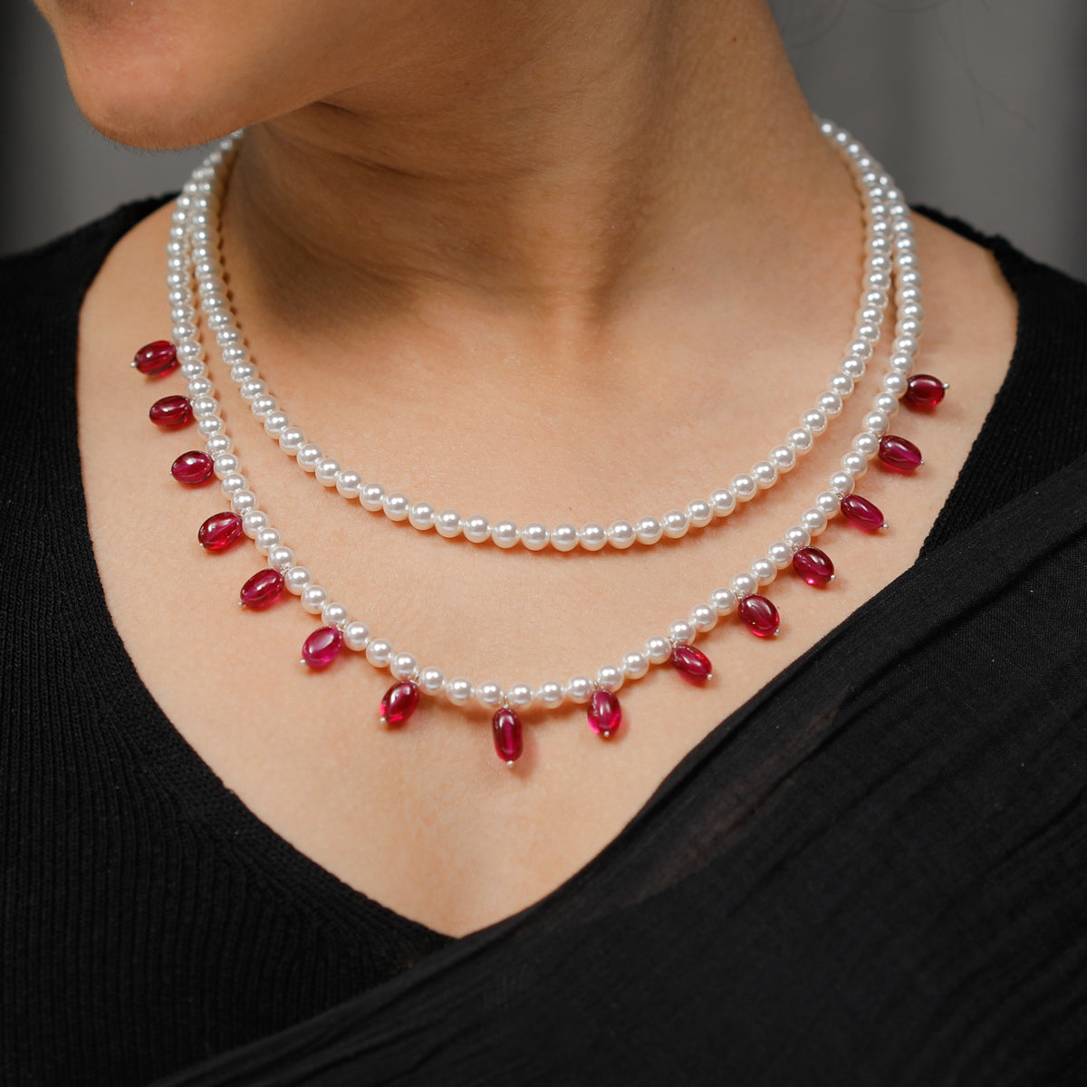 Two Layer Pearl Necklace with Ruby