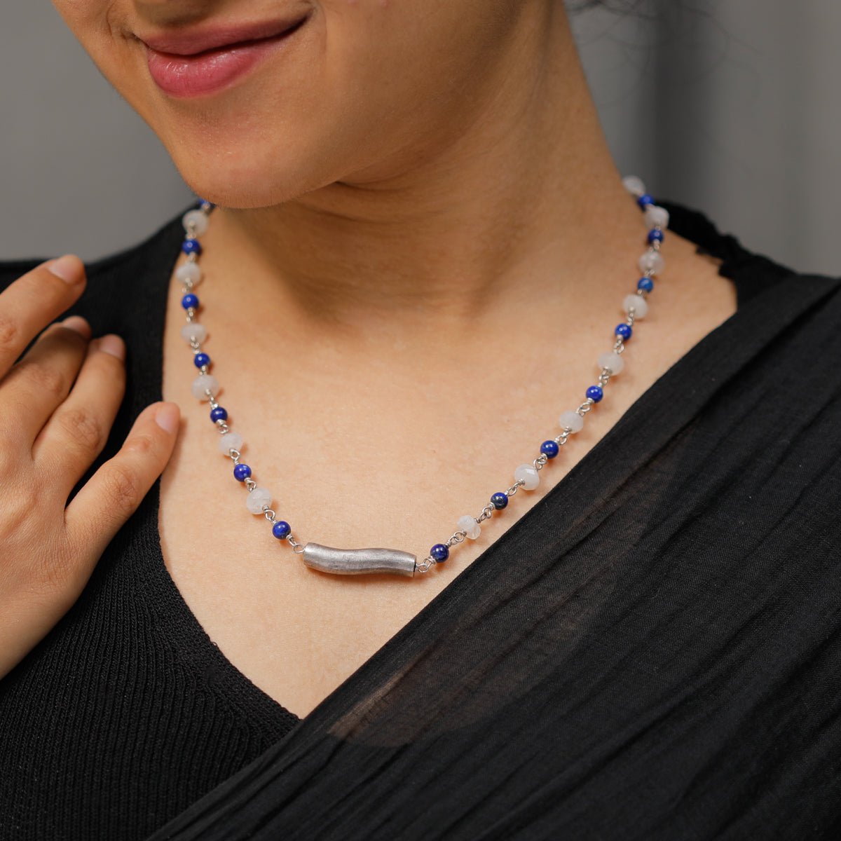 Silver Pipe Ganthan Necklace with Moonstone and Lapis Lazuli