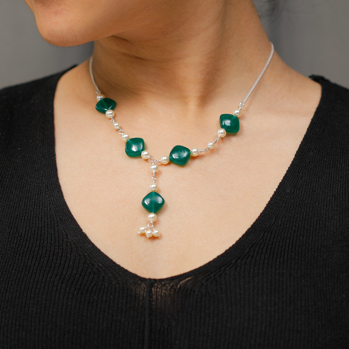 Silver Y Necklace with Green Onyx and Pearl