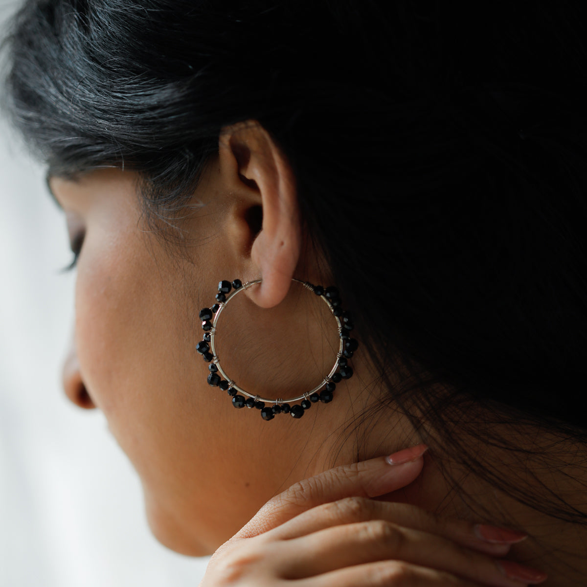 Silver Black Spinel Hoops