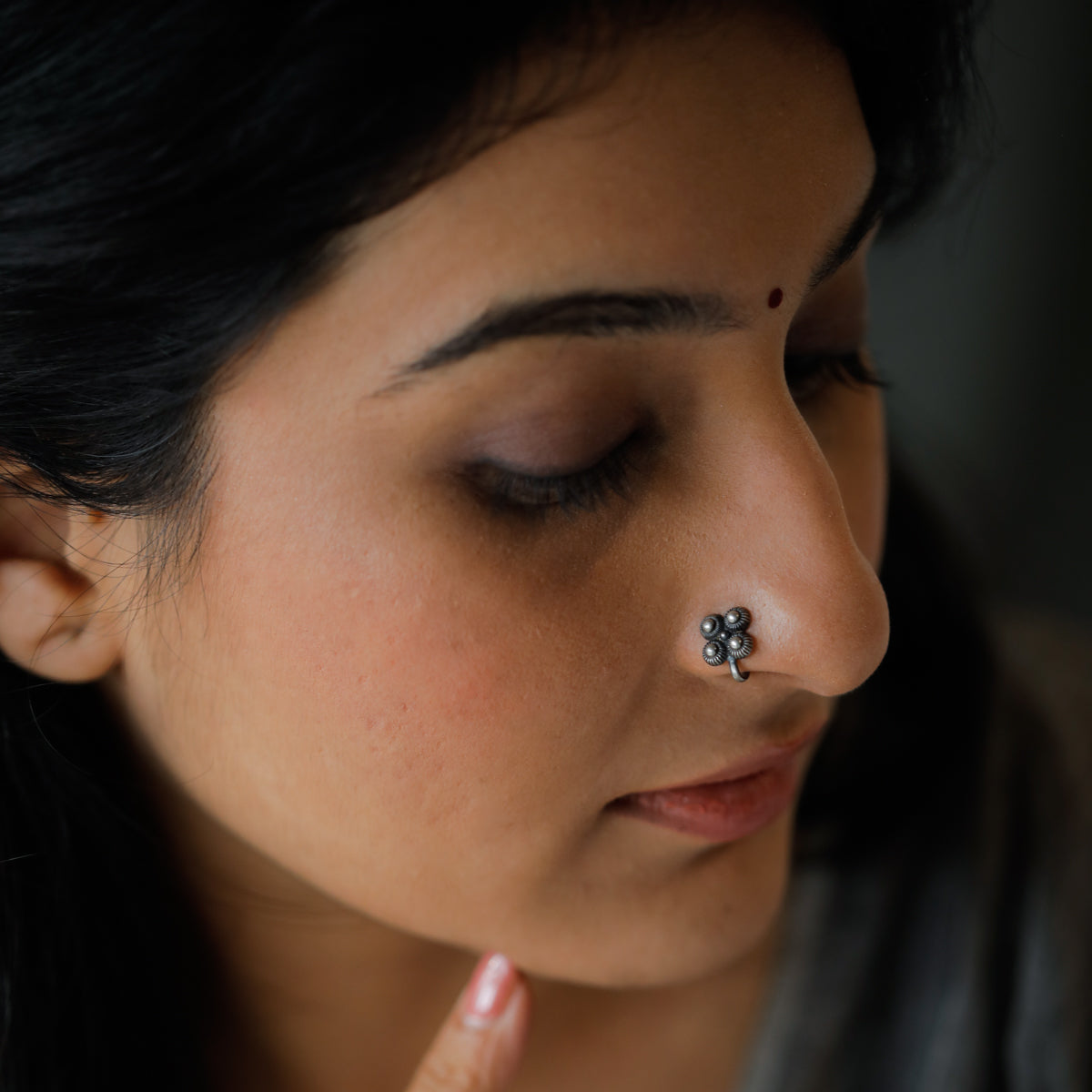 Handmade Silver Trible Nose pin (Clip on) 4 dots