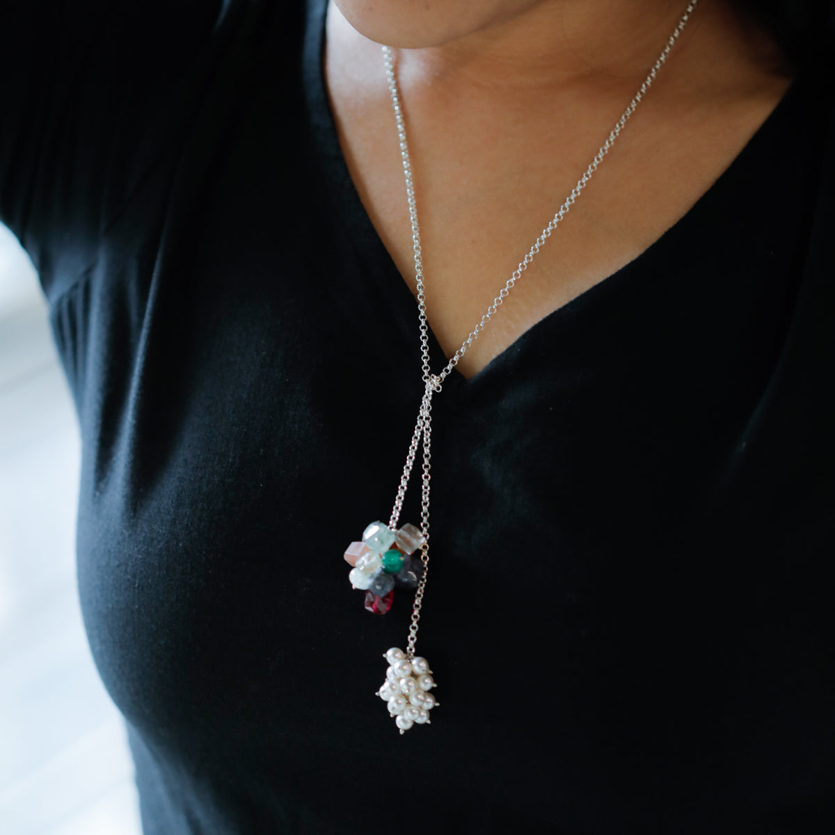 Silver Tie & Wear Necklace with Multicolor Semi-Precious Stones and Pearls