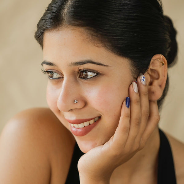 Model wearing Silver Dainty Nose Pin for everyday styling