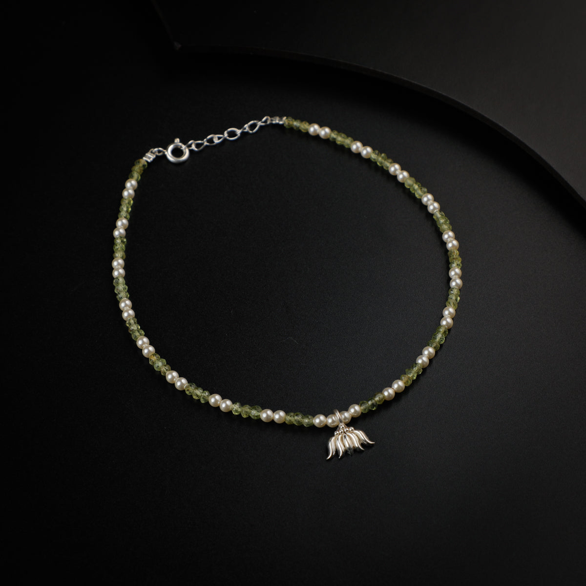 Peridot and Creamy Pearls Anklet with Lotus Motif