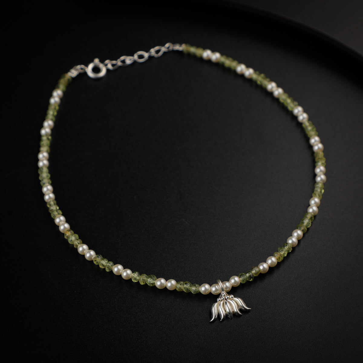 Peridot and Creamy Pearls Anklet with Lotus Motif