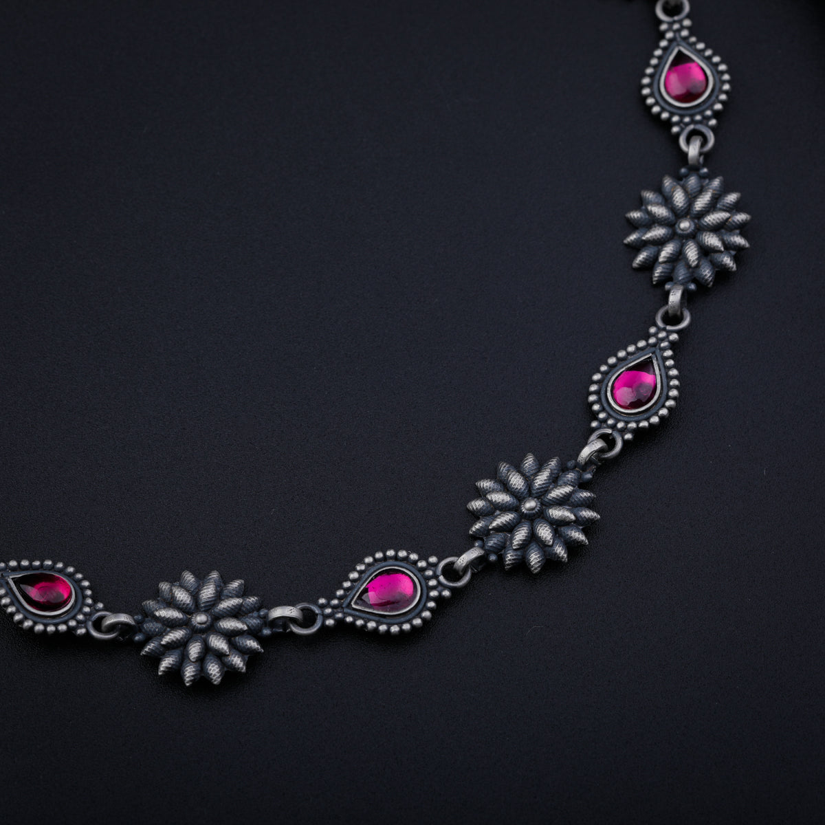 Oxidized Silver Choker Set with Ruby Stone