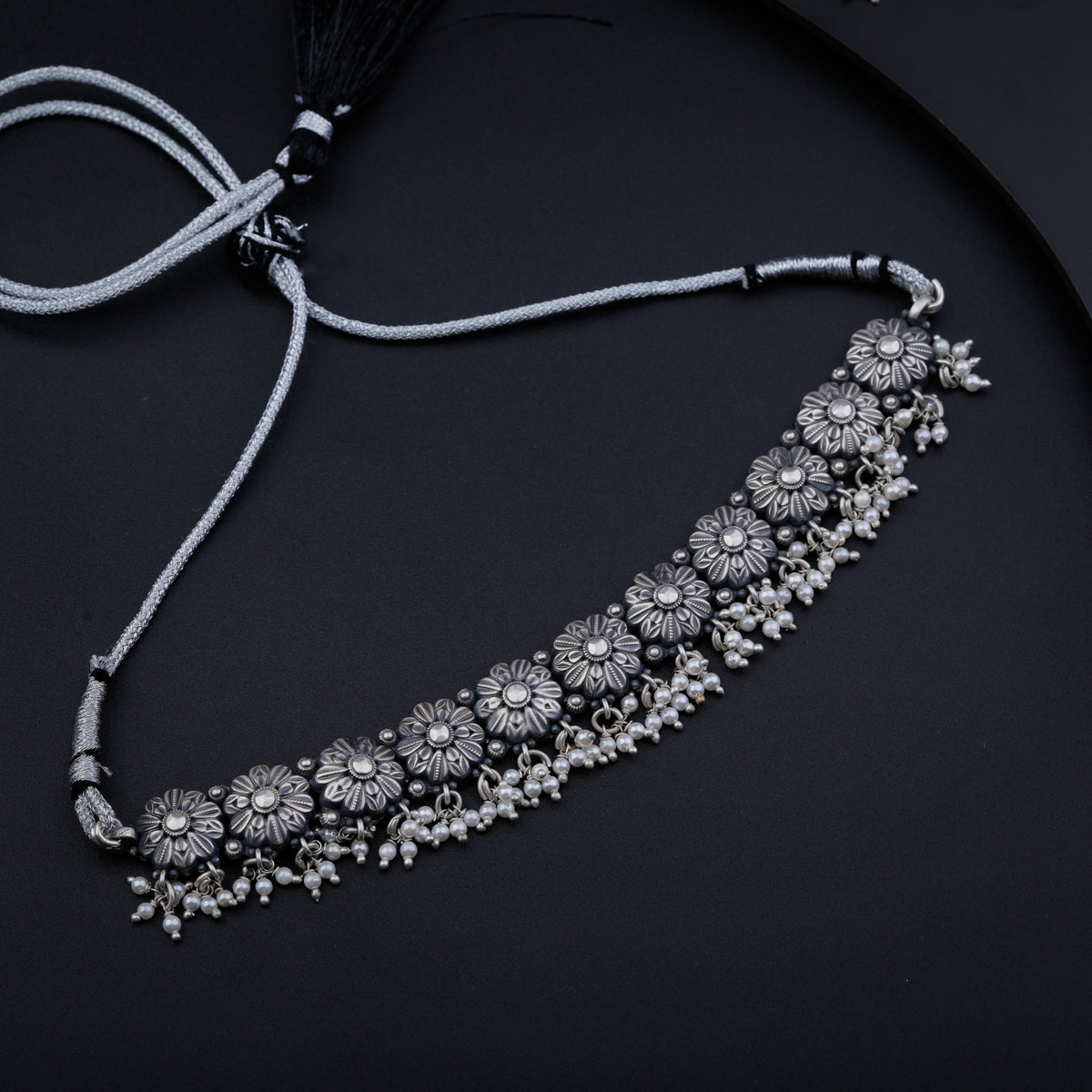 Oxidized Silver Flower Choker Set with Pearls