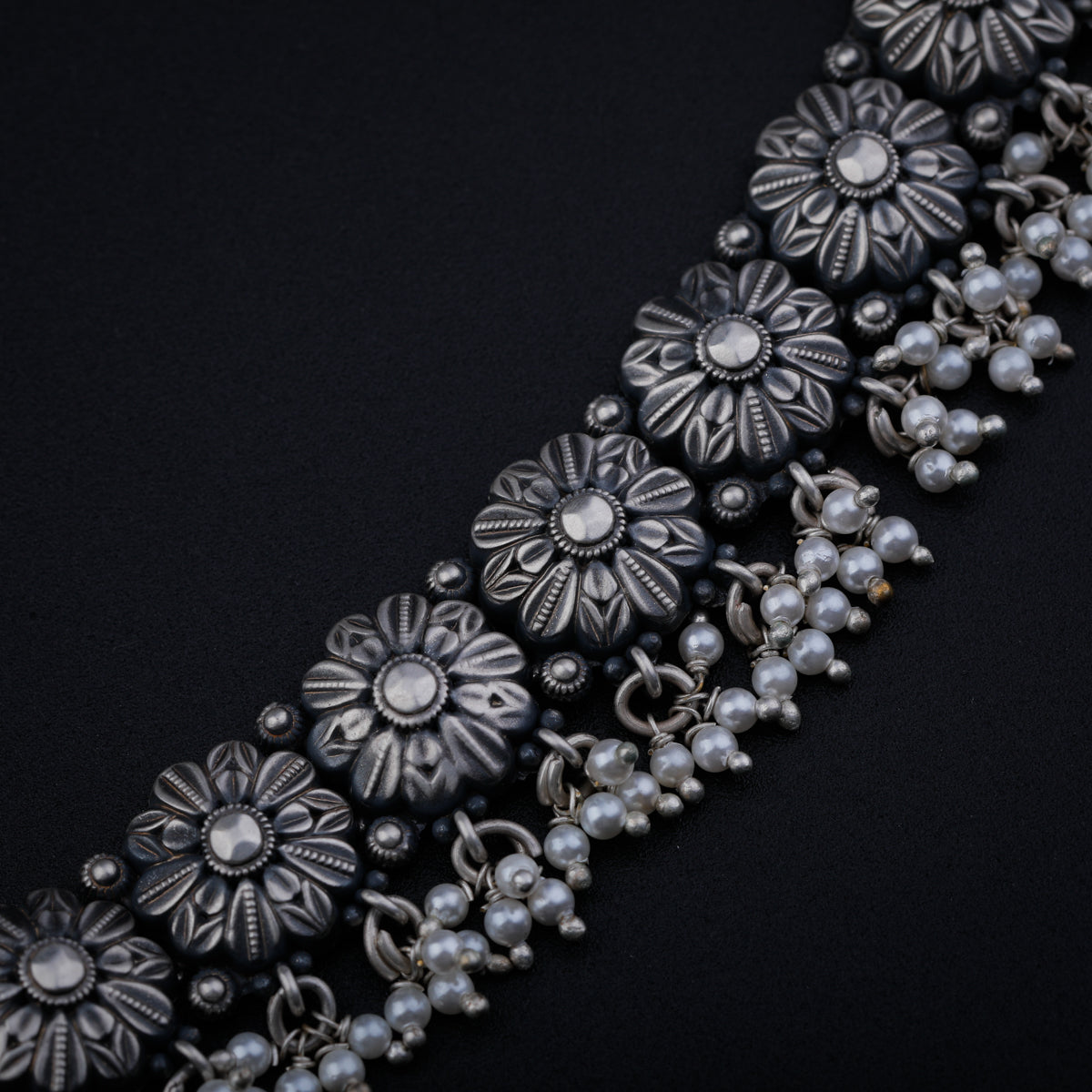 Oxidized Silver Flower Choker Set with Pearls