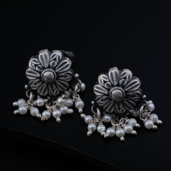 Oxidized Silver Flower Choker Set with Pearls