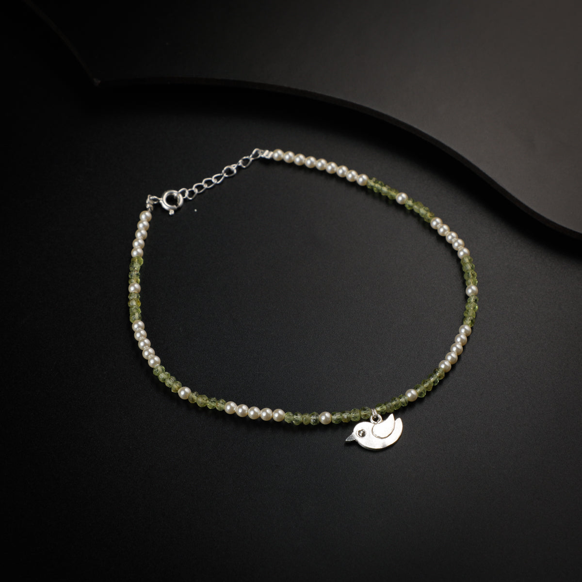 Peridot and Creamy Pearls Anklet with Bird Motif