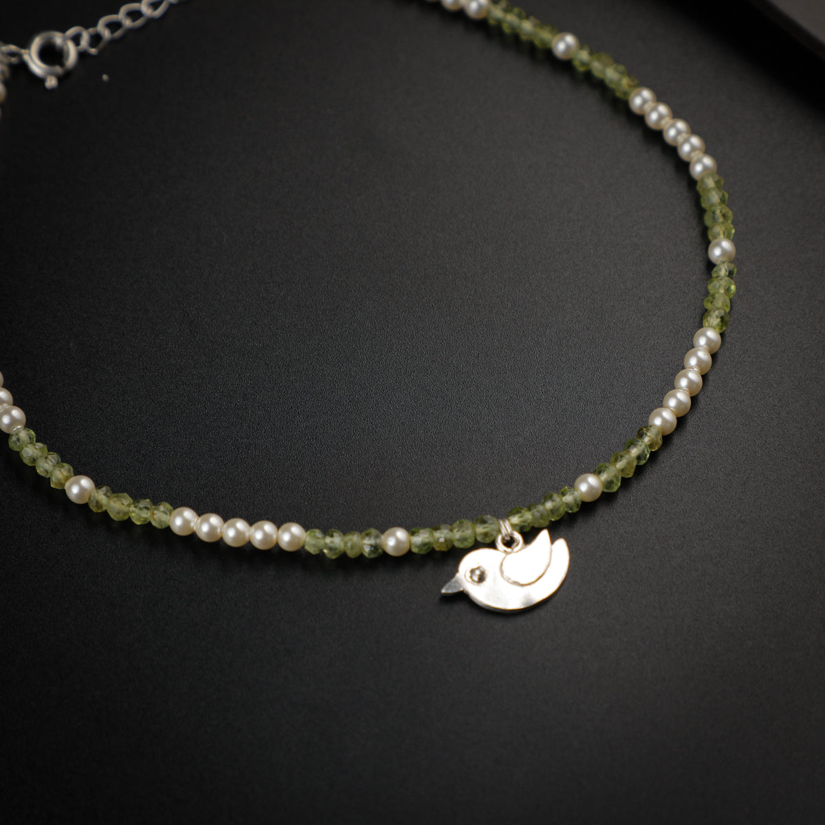 Peridot and Creamy Pearls Anklet with Bird Motif