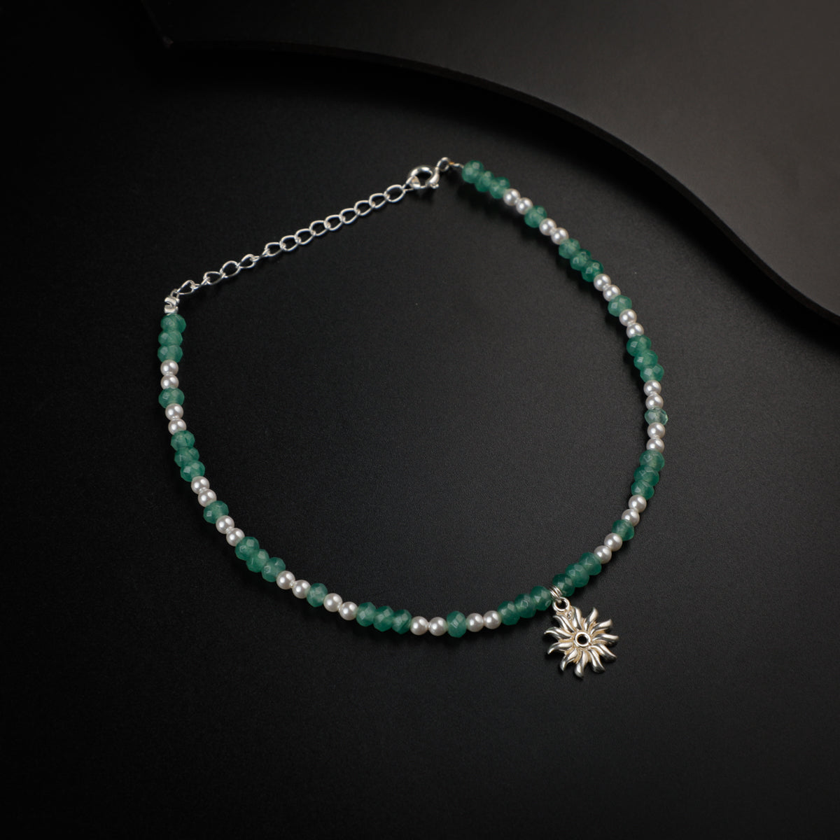 Jade and Pearls Silver Anklet with Surya Motif