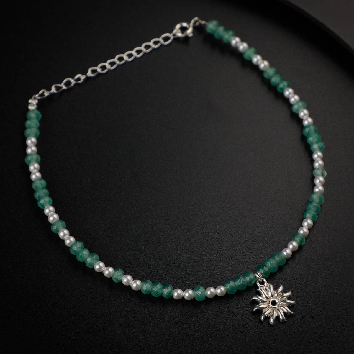 Jade and Pearls Silver Anklet with Surya Motif