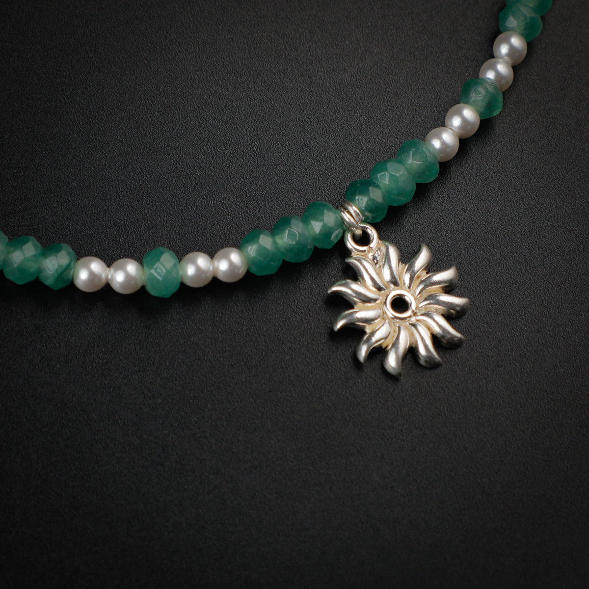 Jade and Pearls Silver Anklet with Surya Motif