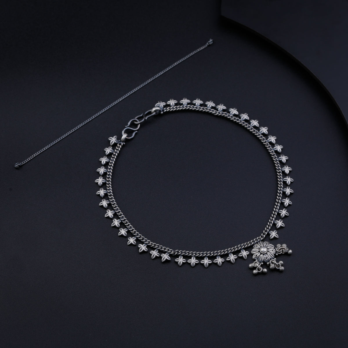 Flower Motif Delicate Silver Set Convertible Necklace and Anklet (with attachable chain)