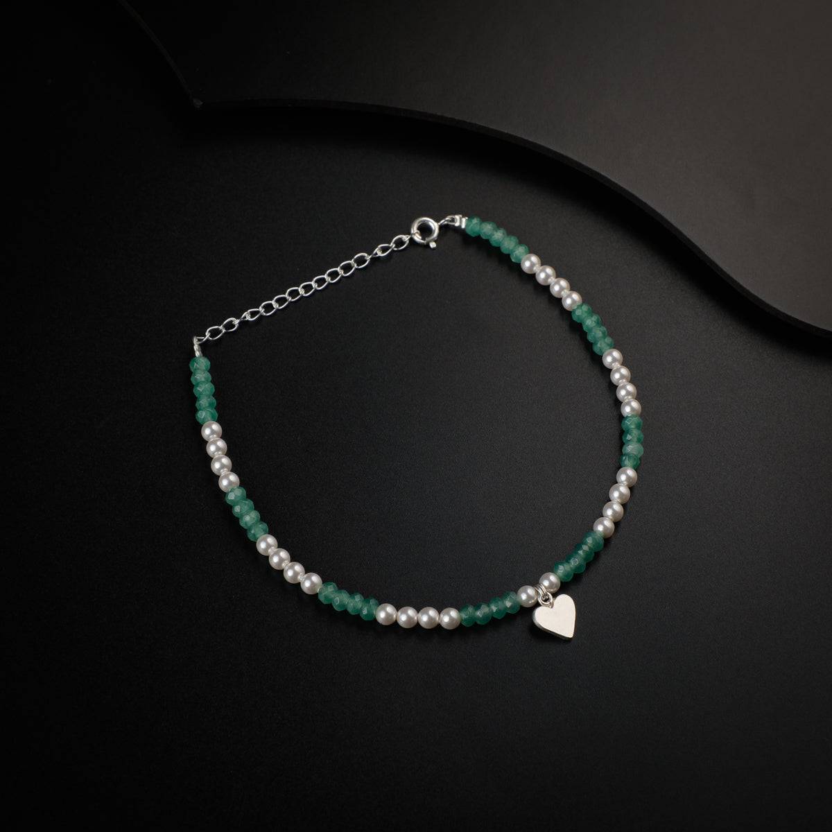 Jade and Pearls  Silver Anklet with Love Motif