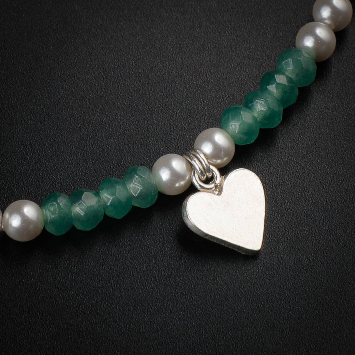 Jade and Pearls  Silver Anklet with Love Motif