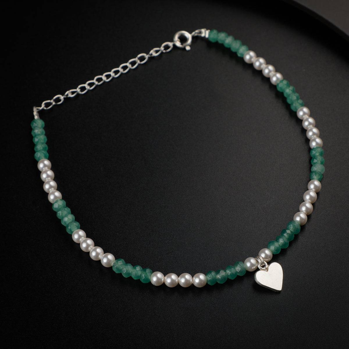 Jade and Pearls  Silver Anklet with Love Motif