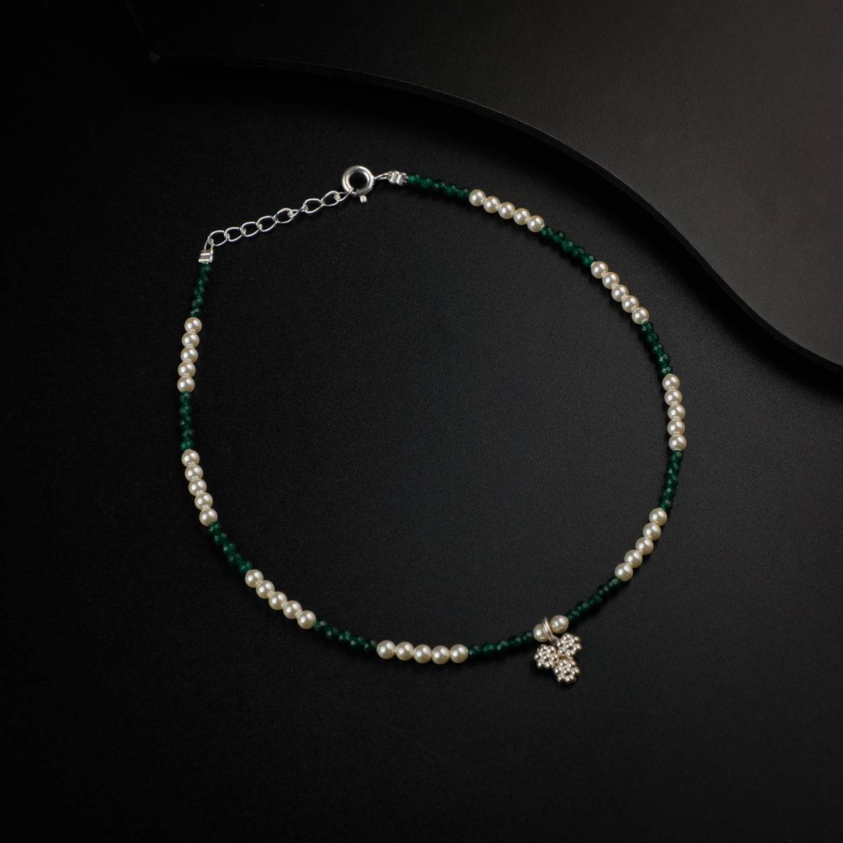 Green Onyx and Pearls Silver Anklet with Kudi Bunch