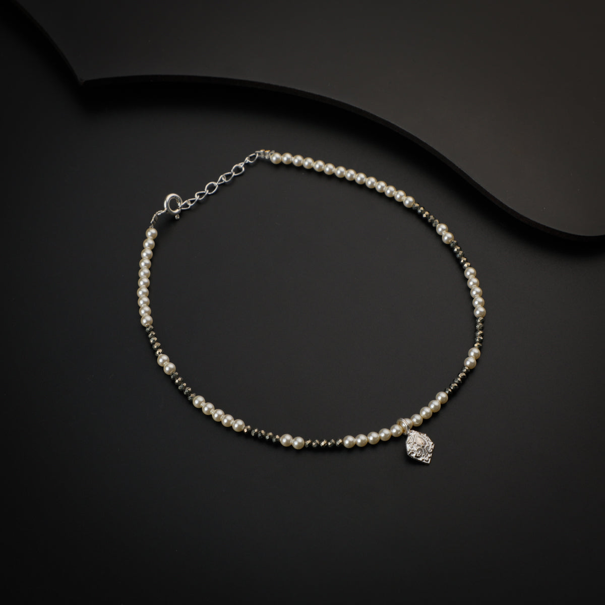 Pyrite and Creamy Pearls Silver Anklet