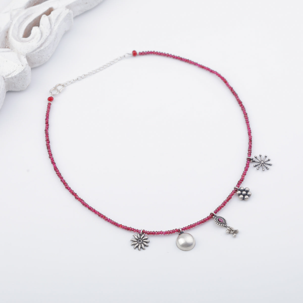 Silver 5 Charm Necklace with Garnets