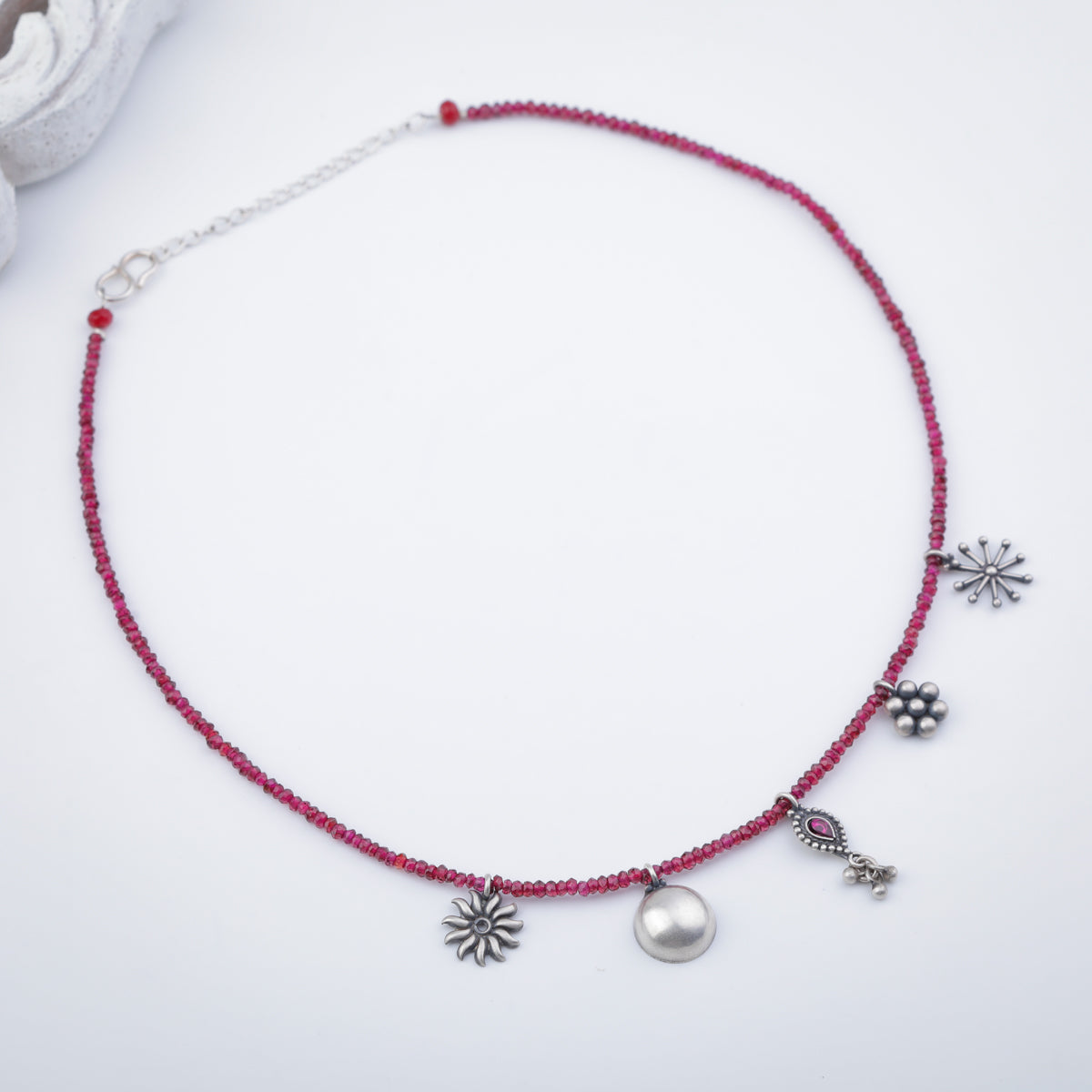 Silver 5 Charm Necklace with Garnets