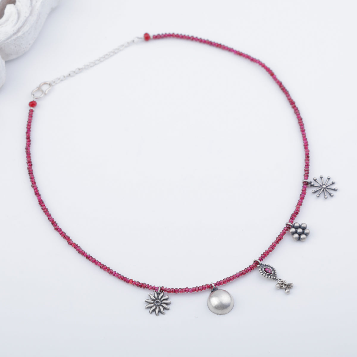 Silver 5 Charm Necklace with Garnets