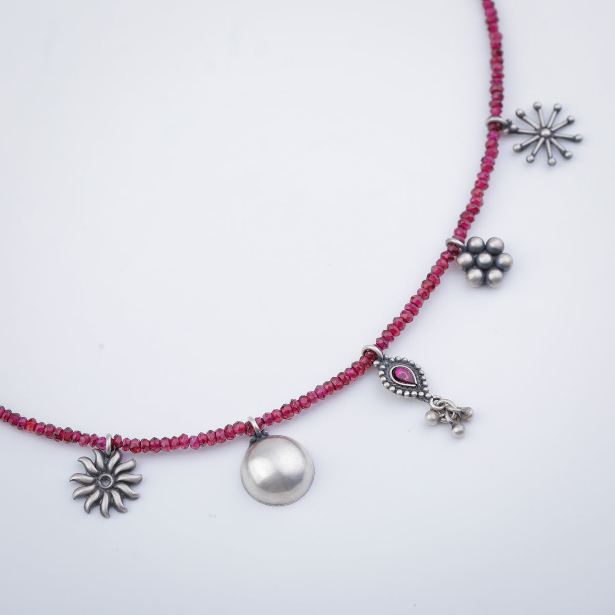 Silver 5 Charm Necklace with Garnets