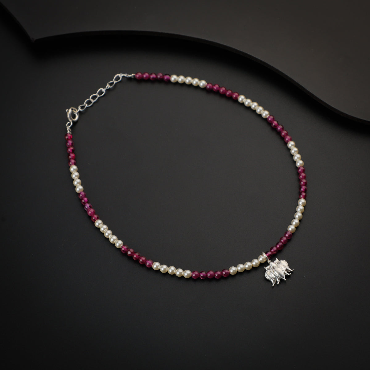 Ruby and Creamy Pearls Silver Anklet with Lotus Motif