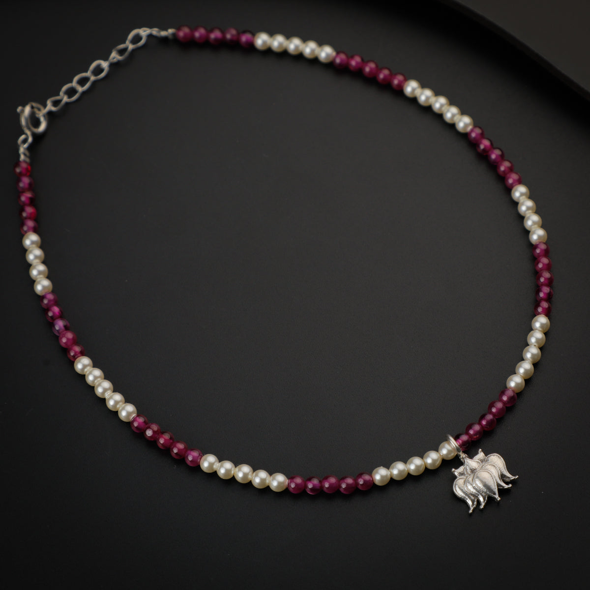 Ruby and Creamy Pearls Silver Anklet with Lotus Motif