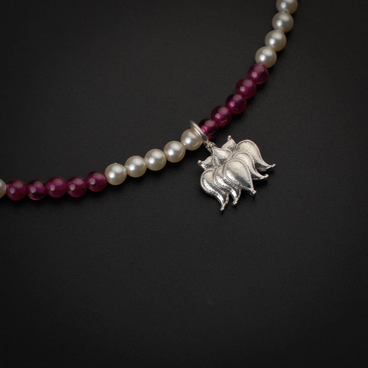 Ruby and Creamy Pearls Silver Anklet with Lotus Motif