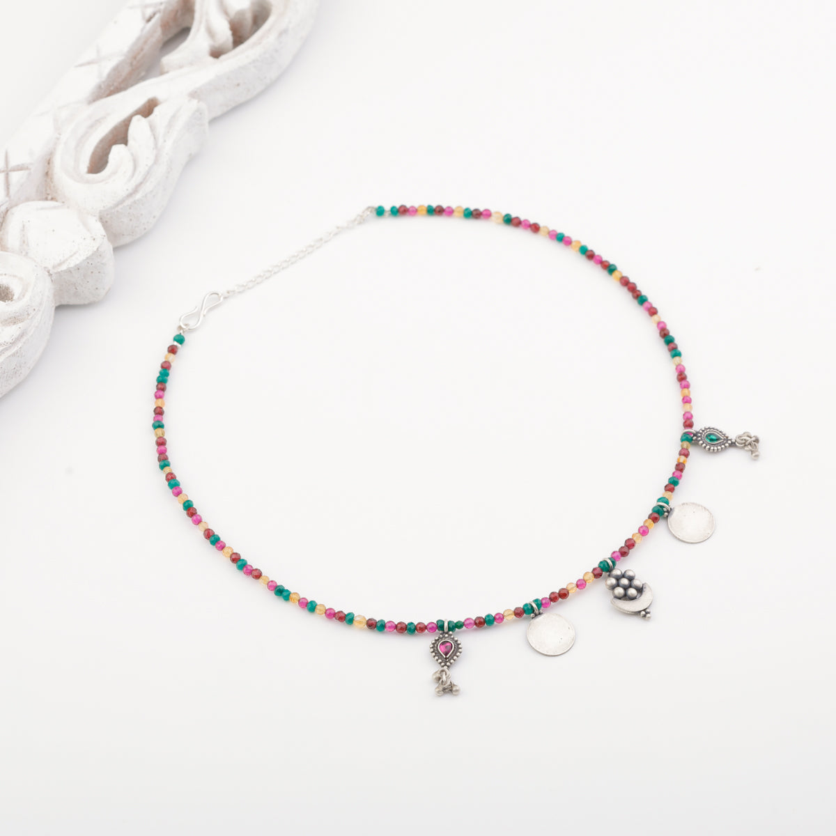 Silver 5 Charm Necklace with Multicolor Stones