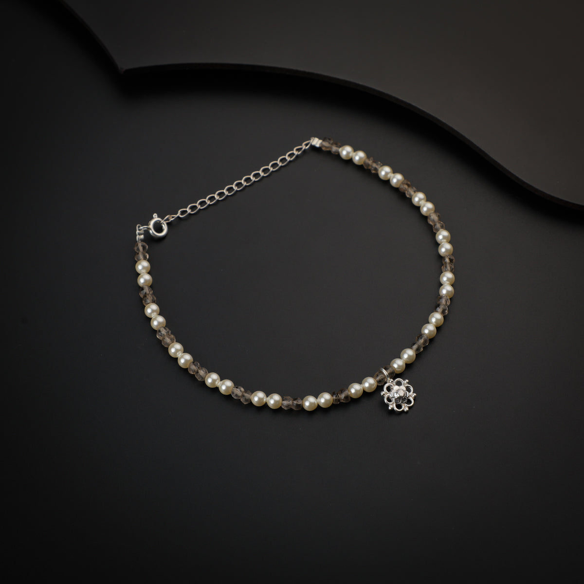 Smokey Quartz and Pearls Anklet with Flower Motif