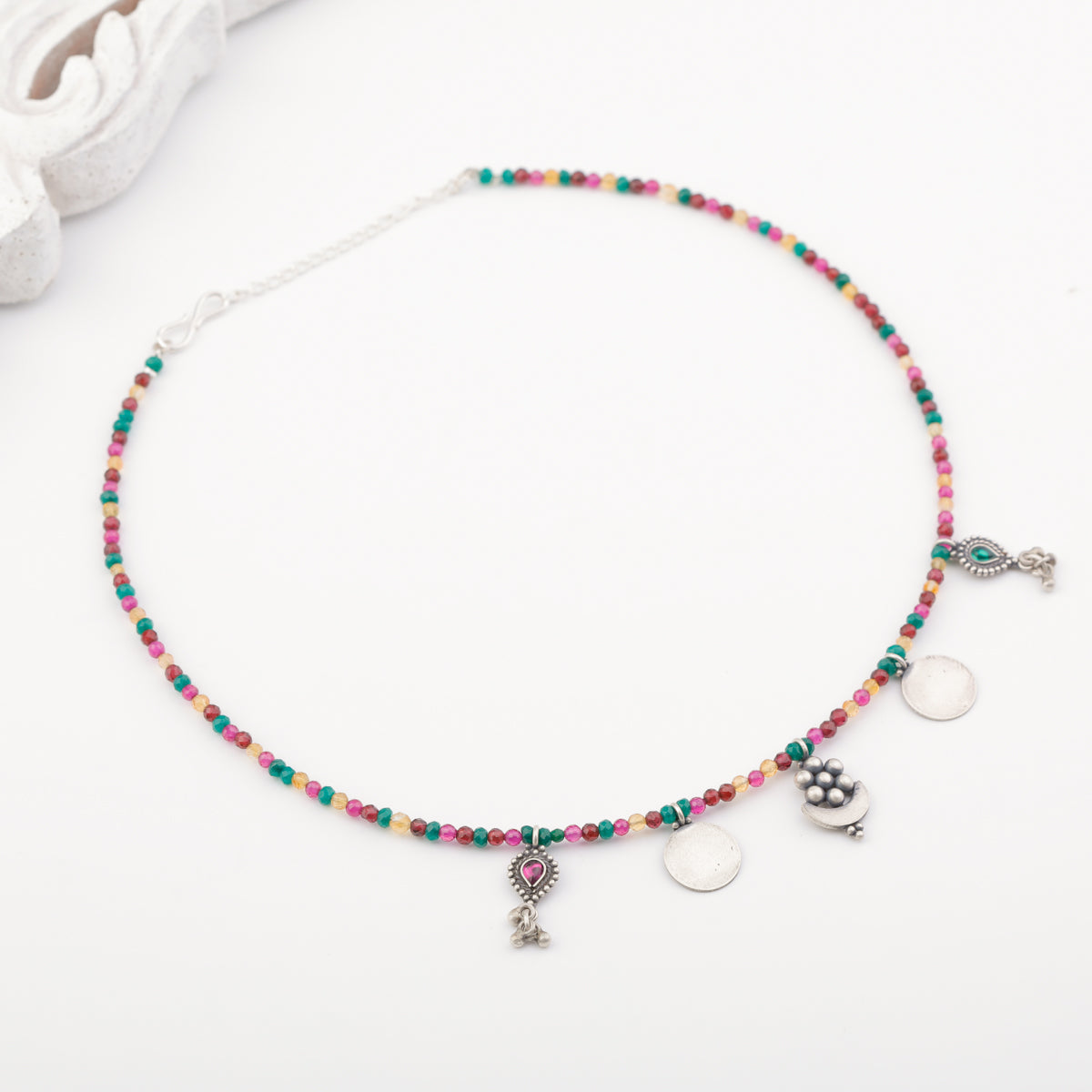 Silver 5 Charm Necklace with Multicolor Stones