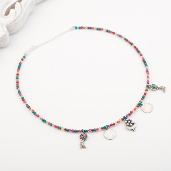 Silver 5 Charm Necklace with Multicolor Stones